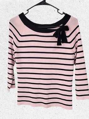 Debbie Morgan Pink and Black Striped Knit Top with Bow Size Small